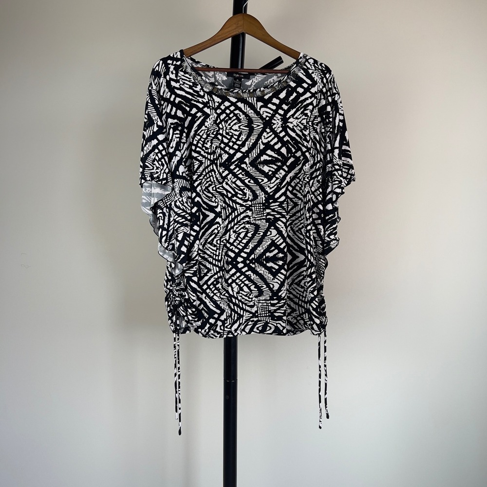 Style & Co Womens XL Black White Geometric Embellished Dolman Butterfly Top